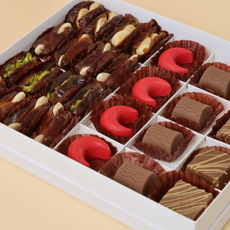 Premium chocolate & dates 20-pc hard box with gold ribbon