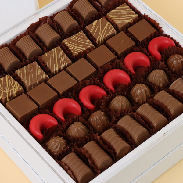 Premium chocolate one layer hard box with gold ribbon