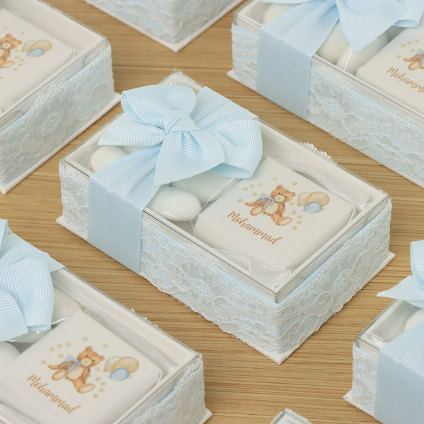 Set of 20 baby boy teddy designed premium chocolate & almond dragees view top box