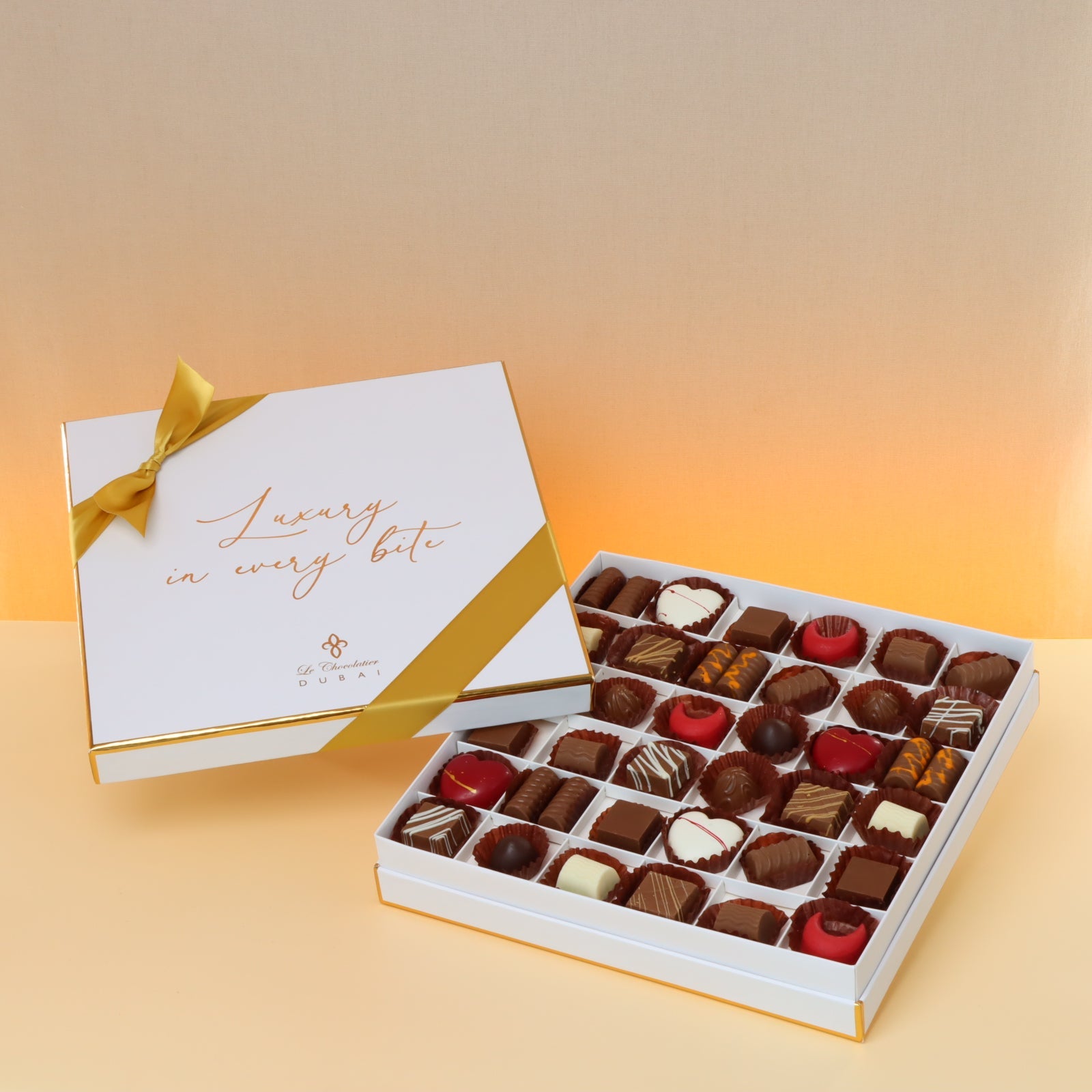 Luxury white & gold designed premium chocolate box with ribbon