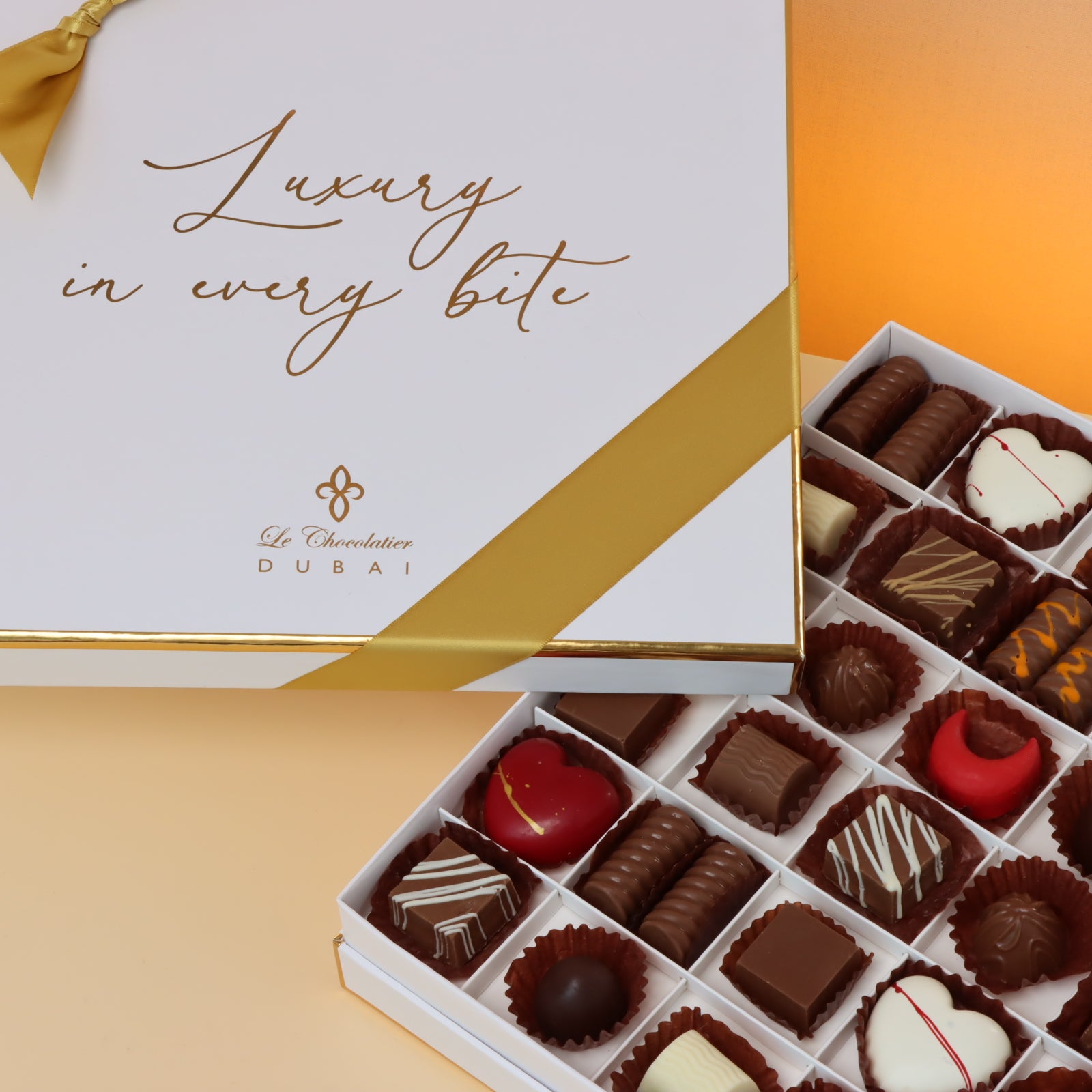 Luxury white & gold designed premium chocolate box with ribbon