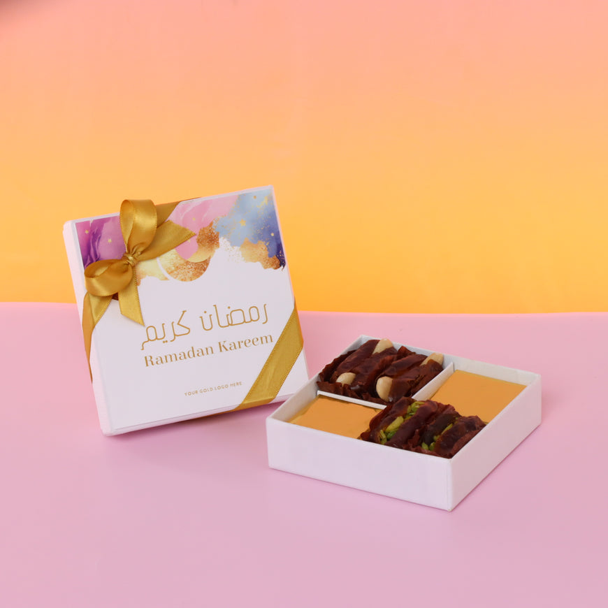 Corporate branded Ramadan kareem pastel designed chocolate & dates 4-pc hard box giveaway