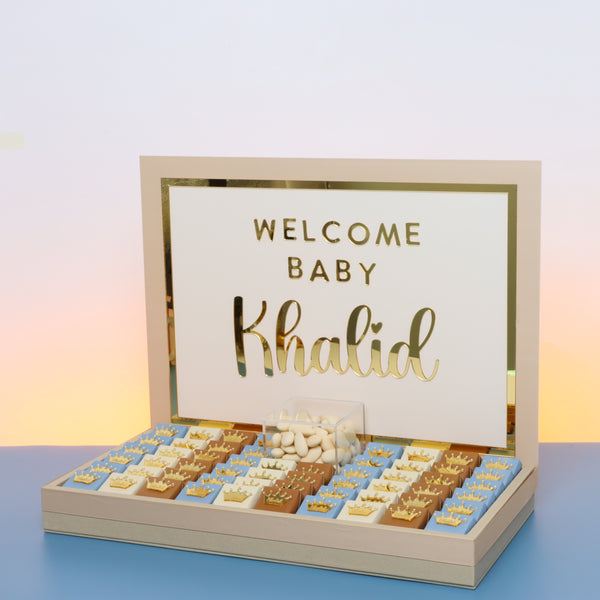 Baby boy crown decorated chocolate medium leather tray with gold foil acrylic personalized designed backdrop