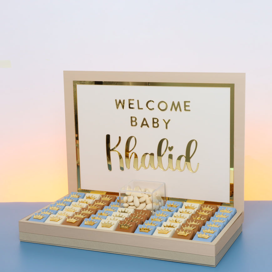 Baby boy personalized acrylic backdrop decorated chocolate medium leather tray