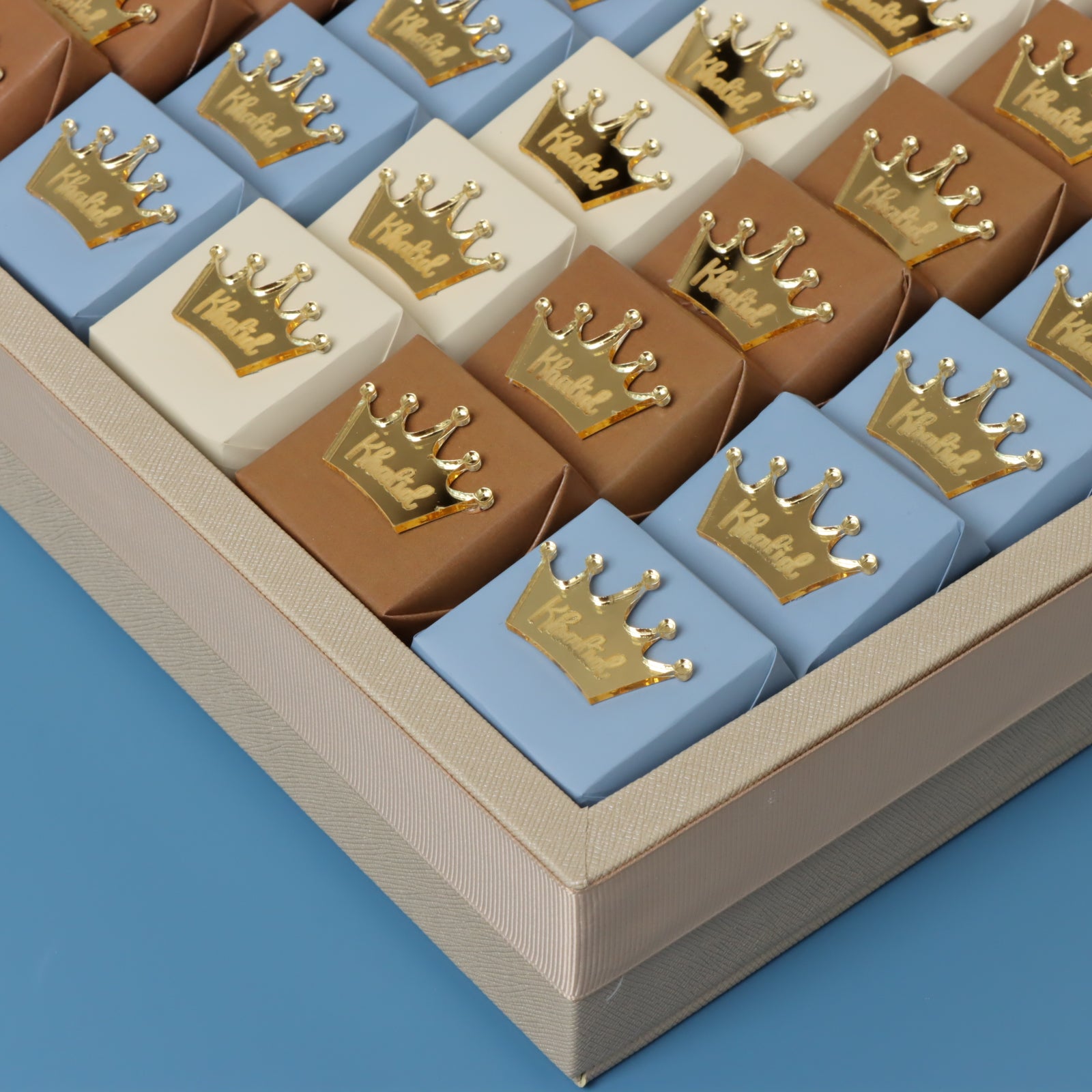 Baby boy crown decorated chocolate medium leather tray with gold foil acrylic personalized designed backdrop