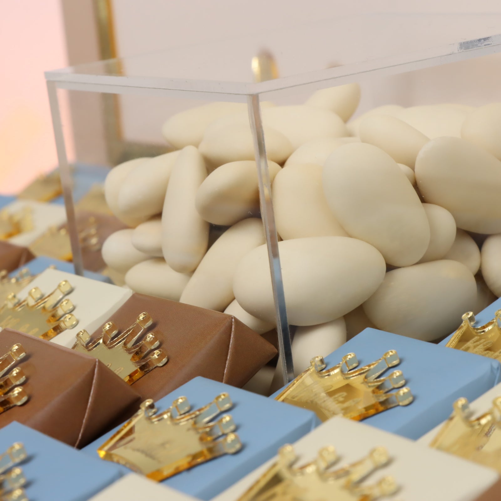 Baby boy crown decorated chocolate medium leather tray with gold foil acrylic personalized designed backdrop