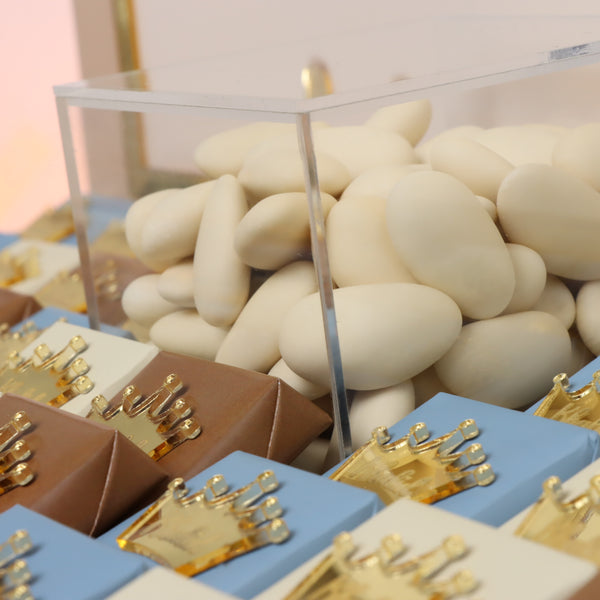 Baby boy crown decorated chocolate medium leather tray with gold foil acrylic personalized designed backdrop