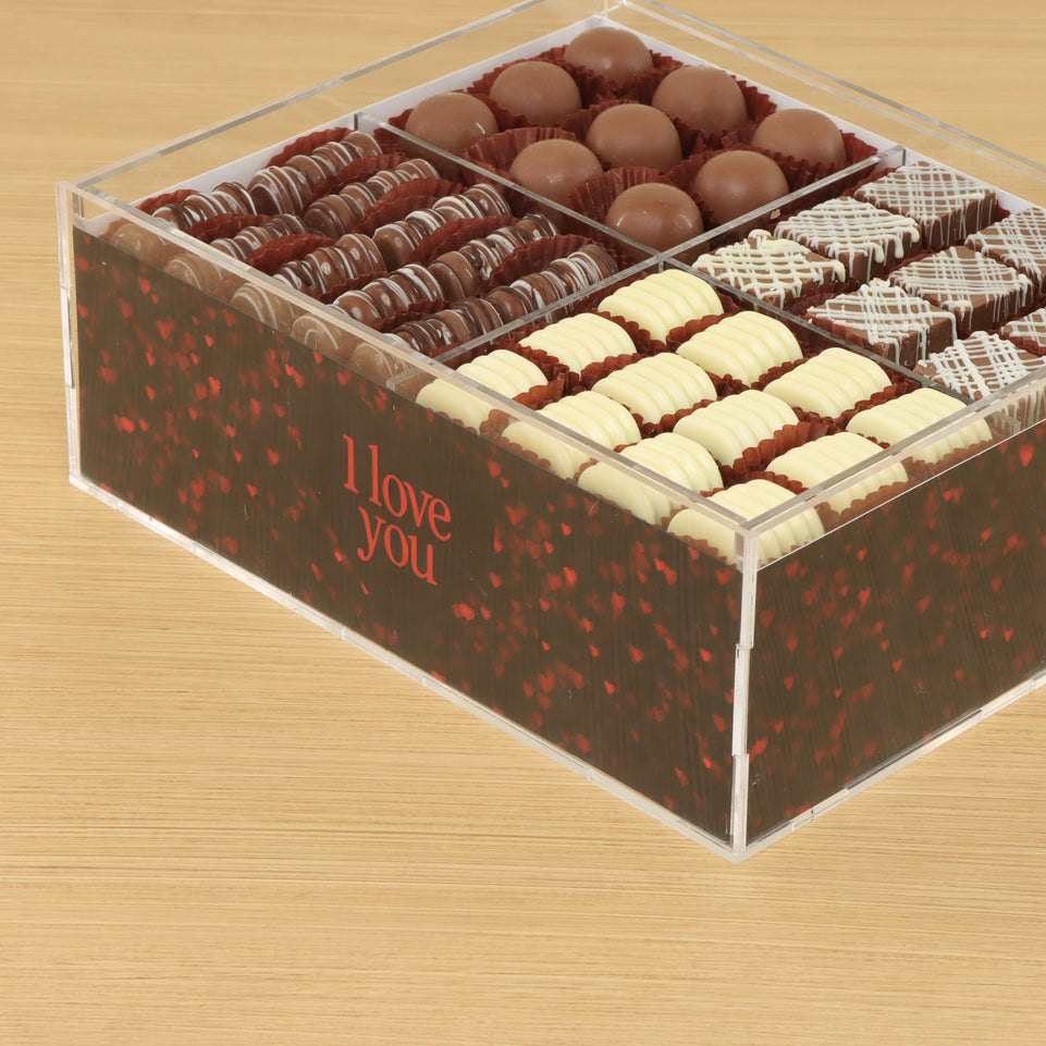 "I love you" shimmering hearts design premium chocolate gift acrylic box