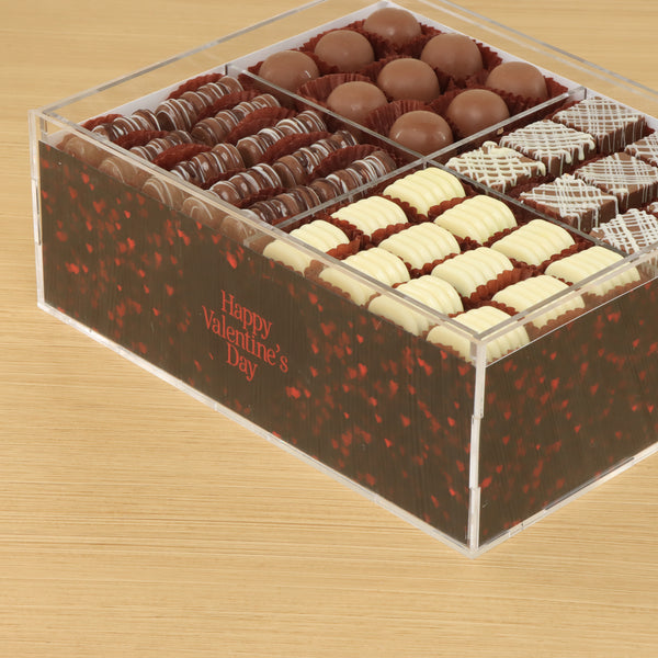Happy Valentine's Day shimmering red hearts design premium chocolate gift acrylic box