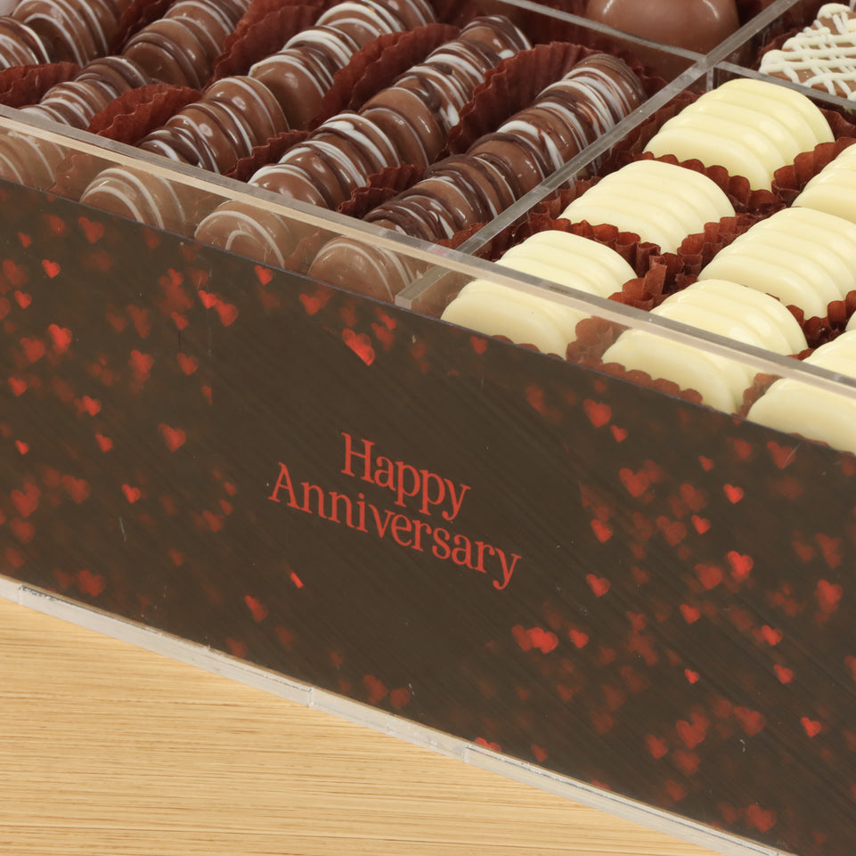 Happy Anniversary heart shimmering designed premium chocolate gift acrylic box