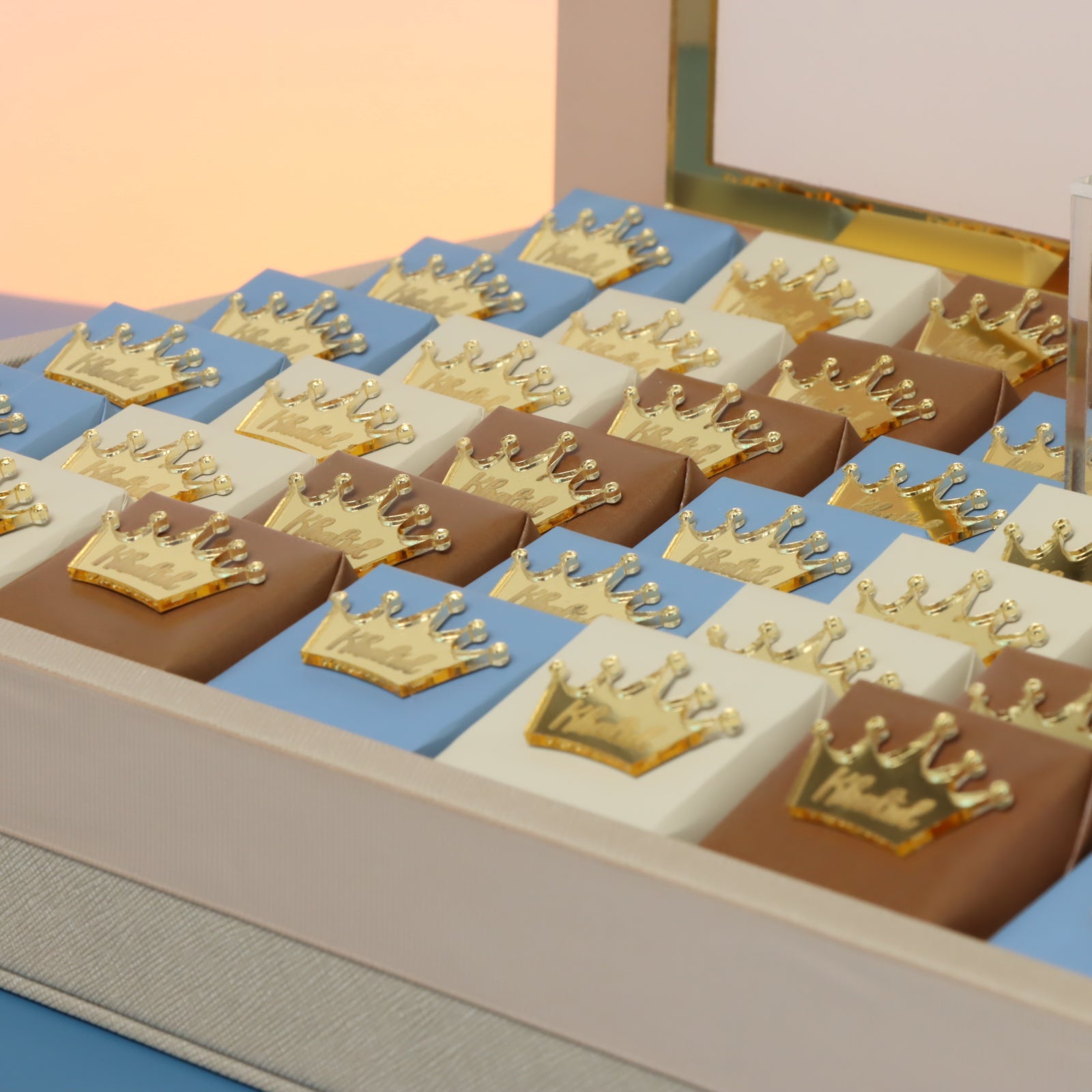 Baby boy crown decorated chocolate medium leather tray with gold foil acrylic personalized designed backdrop