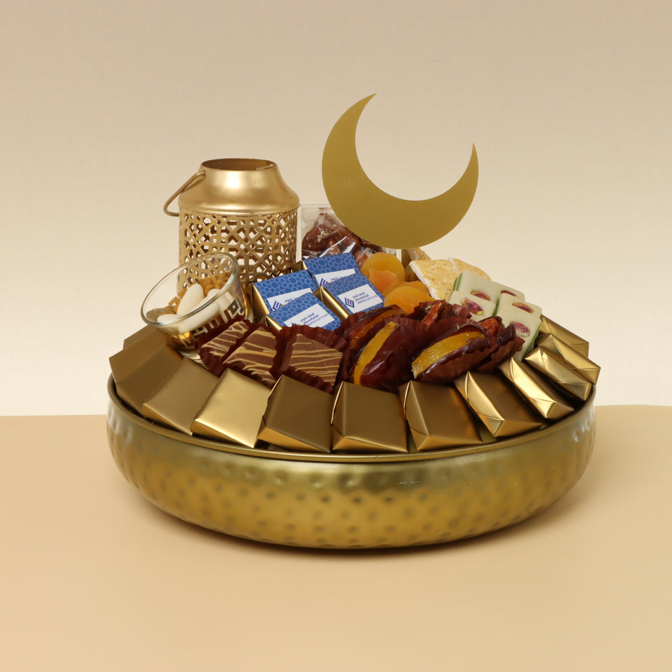 Corporate customized ramadan designed premium chocolate & sweets metallic round tray