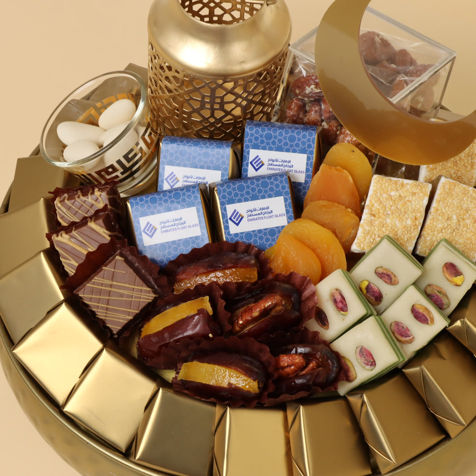 Corporate customized ramadan designed premium chocolate & sweets metallic round tray