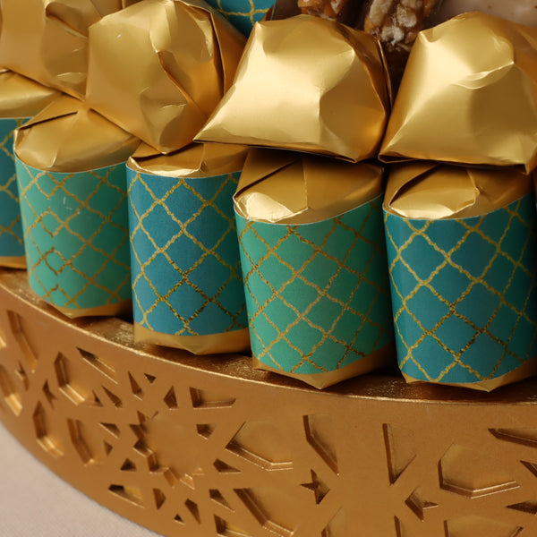 Eid Ramadan designed premium chocolate & sweets wood pattern round tray