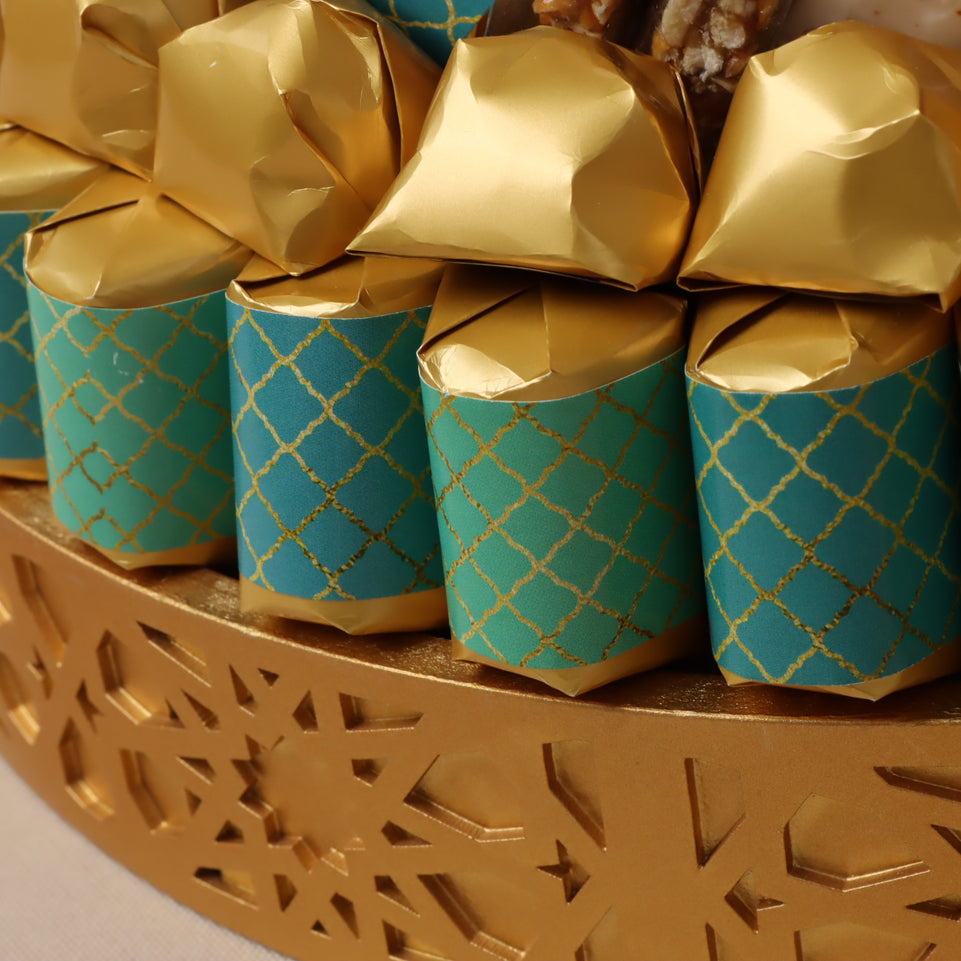 Eid Ramadan designed premium chocolate & sweets wood pattern round tray