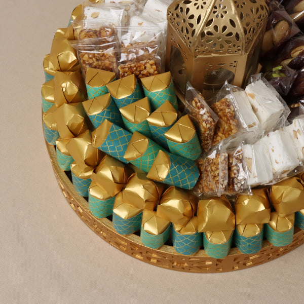 Eid Ramadan designed premium chocolate & sweets wood pattern round tray