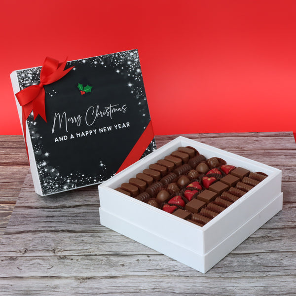 Merry christmas & happy new year snow flakes designed premium chocolate one layer hard box
