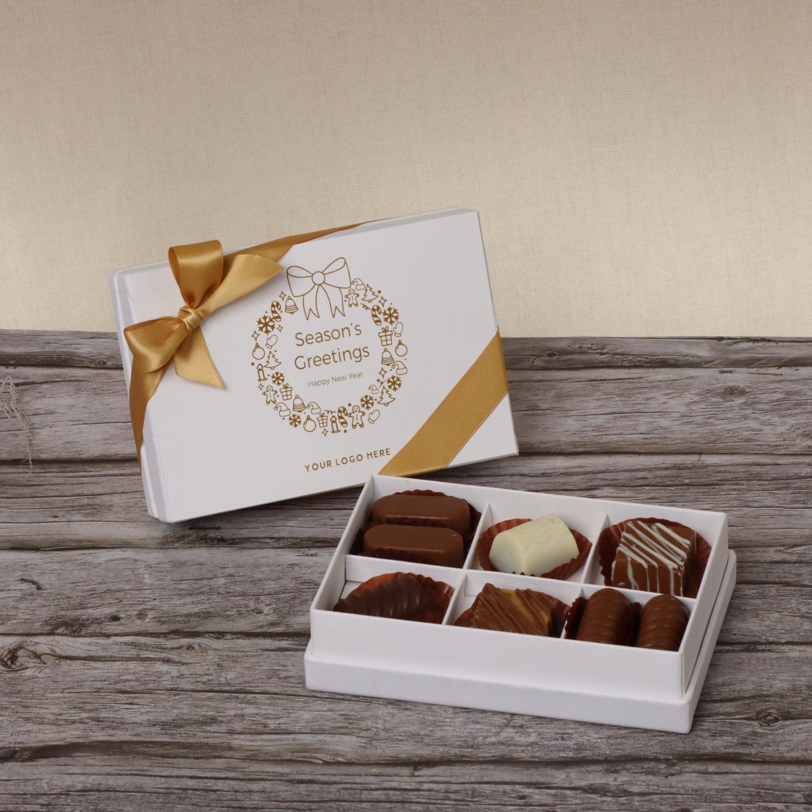 Set of 8 Season's greeting wreath designed premium chocolate 6 piece hard box