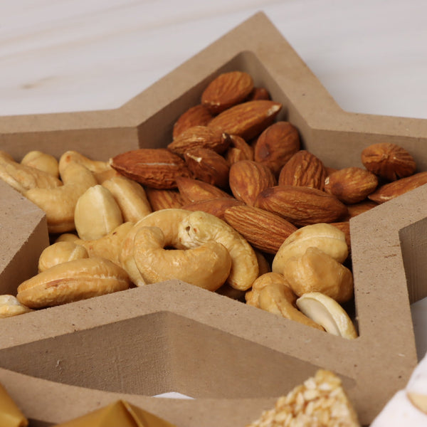 Ramadan Kareem premium chocolate , sweets, nuts crescent wooden tray