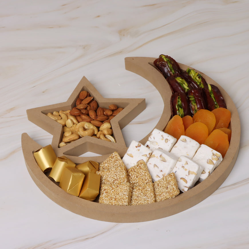 Ramadan Kareem premium chocolate , sweets, nuts crescent wooden tray