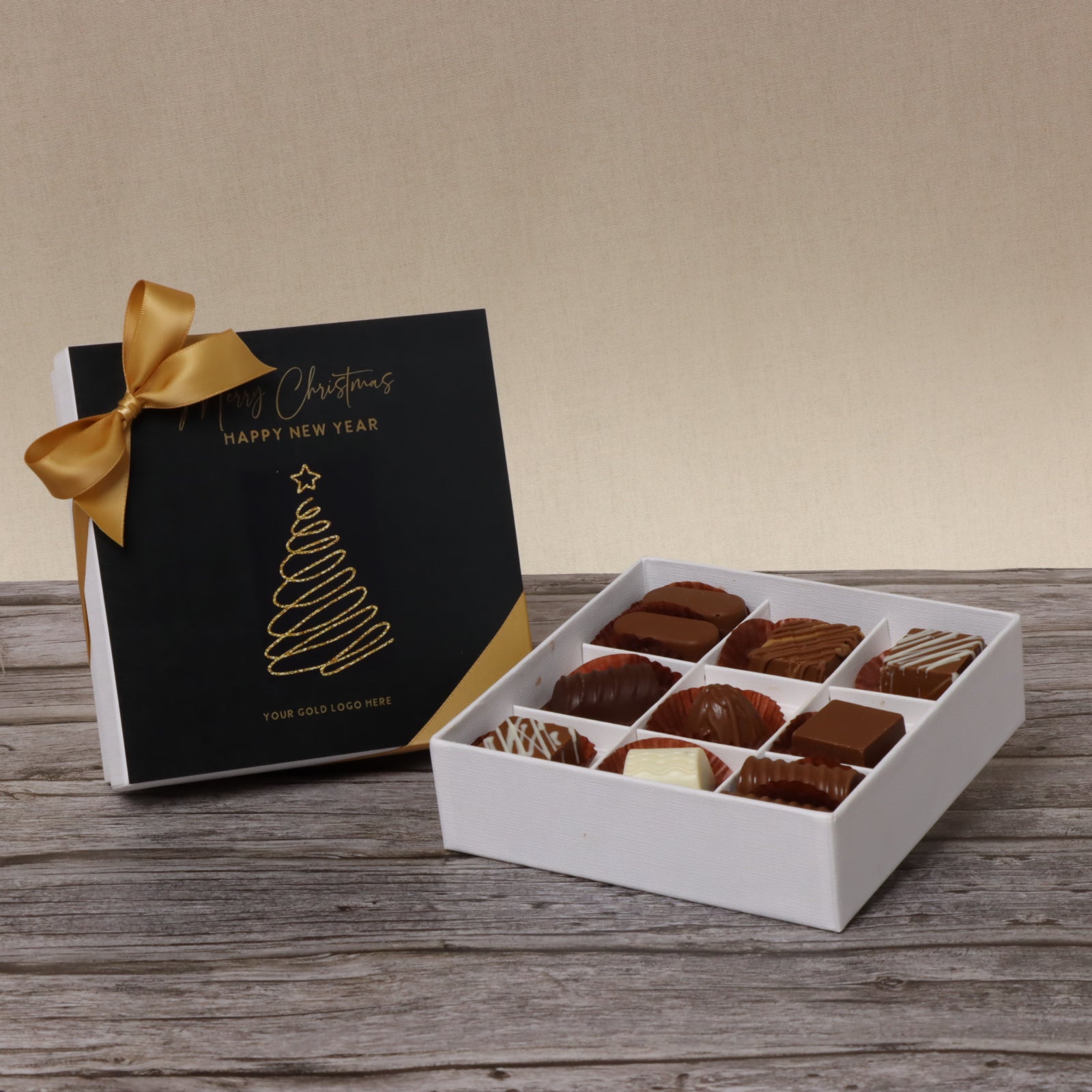 Season's greetings , Merry christmas & happy new year designed premium chocolate 9-piece hard box