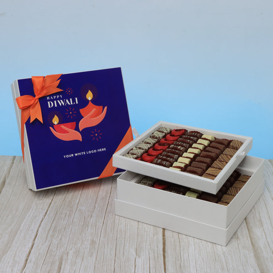 Corporate customized happy diwali holding hands candle designed premium chocolate 2-layer hard box