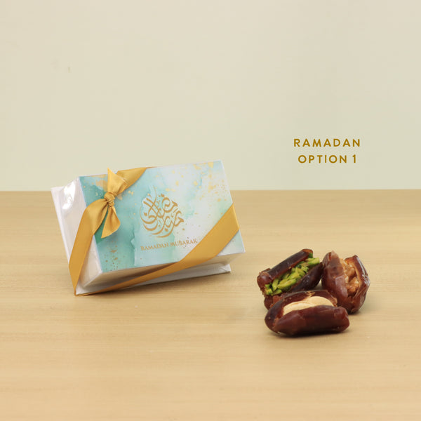 Set of 20 Ramadan Eid Mubarak designed premium nut stuffed dates 2P hard box giveaway