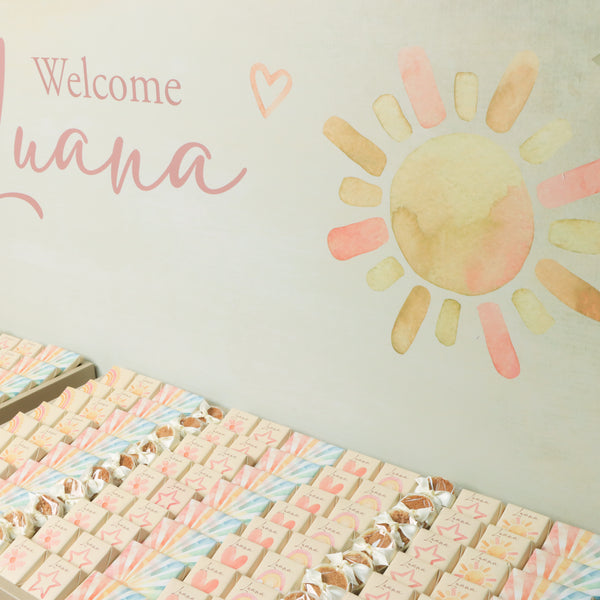 Custom Baby Girl Sunshine-themed Chocolate Display with Personalized Name & Decorations (Table Excluded)