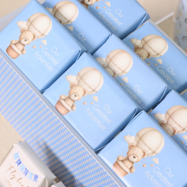 Custom Baby Boy Hot Air Balloon-themed Chocolate Display with Personalized Name & Decorations (Table Excluded)