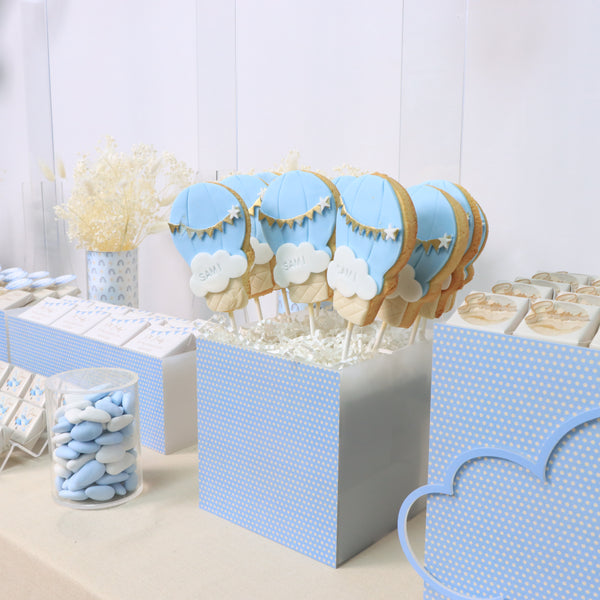 Custom Baby Boy Hot Air Balloon-themed Chocolate Display with Personalized Name & Decorations (Table Excluded)