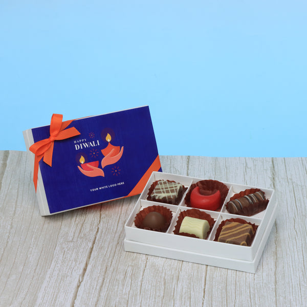 Set of 8 corporate customized happy diwali hands holding candle designed premium chocolate 6p hard box