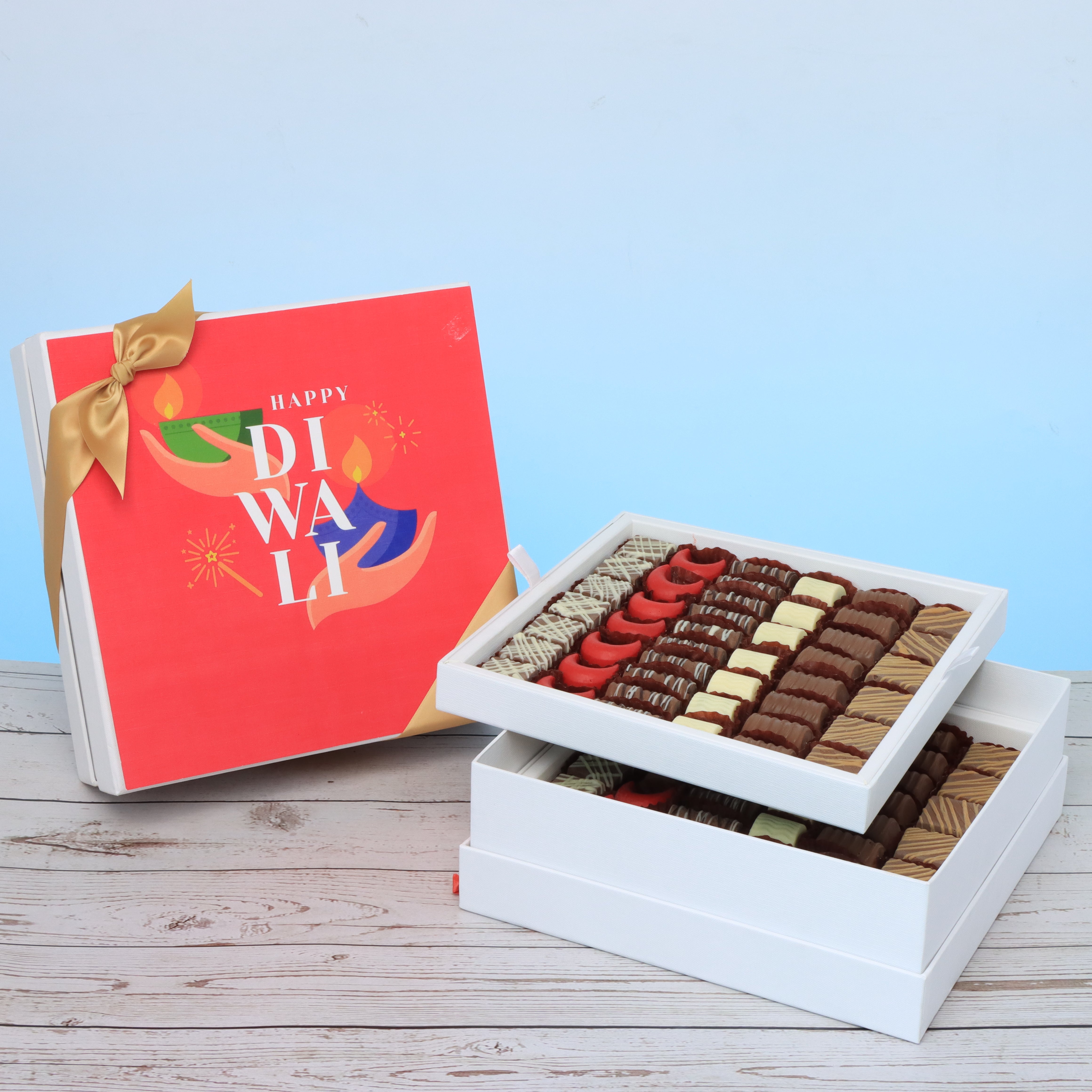 Happy diwali hands holding candle designed premium chocolate 2 - layer hard box