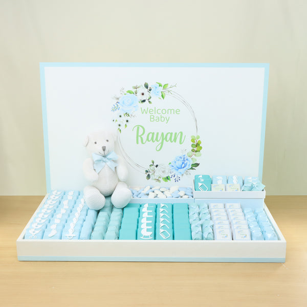 Baby Boy personalized premium chocolate large leather tray with acrylic backdrop