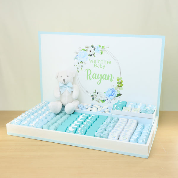 Baby Boy personalized premium chocolate large leather tray with acrylic backdrop