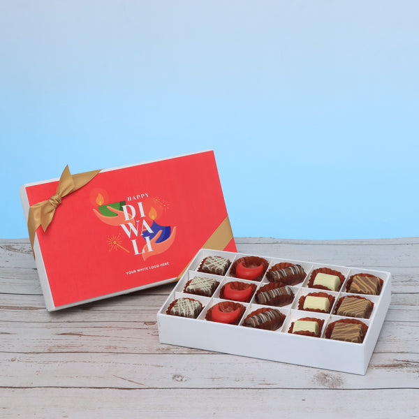 Set of 4 corporate customized happy diwali holding hands candle designed premium chocolate 15p hard box