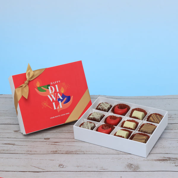 Set of 5 corporate customized happy diwali holding hands candle designed premium chocolate 12p hard box