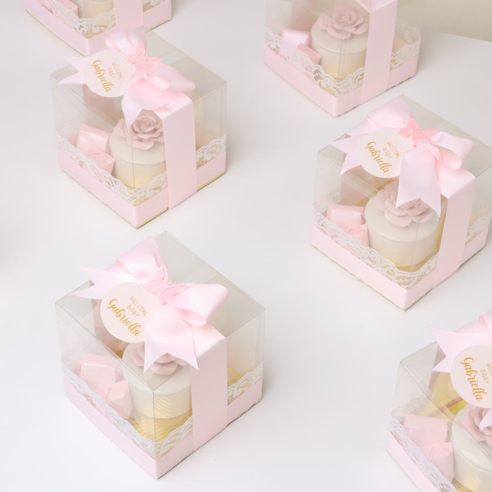 Set of 20 Baby girl Flower ceramic box with premium chocolate clear box giveaway