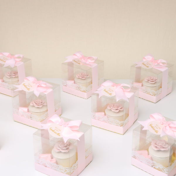 Set of 20 Baby girl Flower ceramic box with premium chocolate clear box giveaway