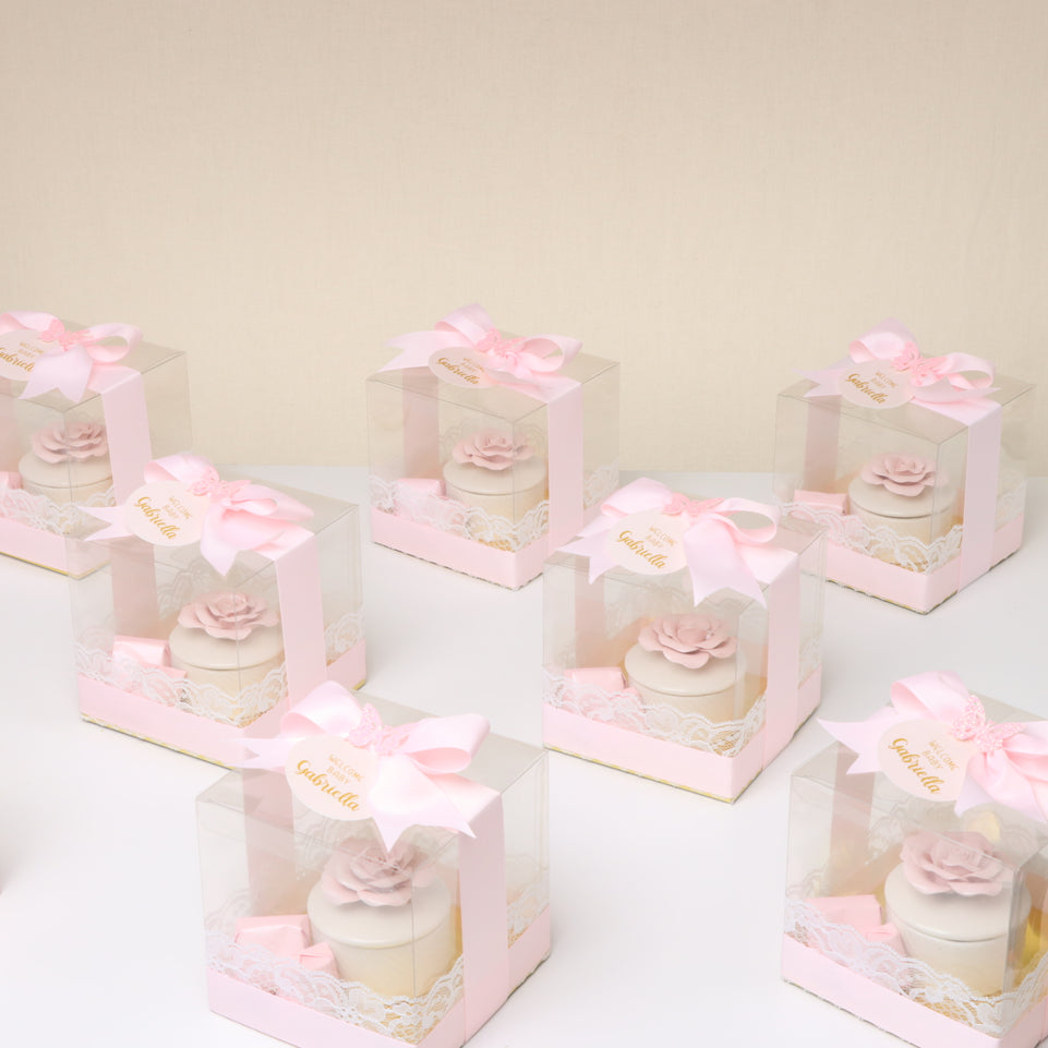 Set of 20 Baby girl Flower ceramic box with premium chocolate clear box giveaway
