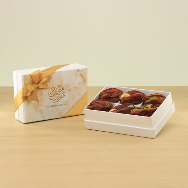 Set of 8 Ramadan Mubarak designed premium nut stuffed dates 6P hard box giveaway
