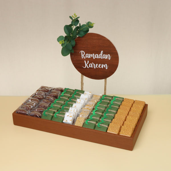 Rustic ramadan kareem decorated chocolate leather tray