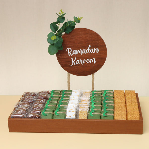 Rustic ramadan kareem decorated chocolate leather tray