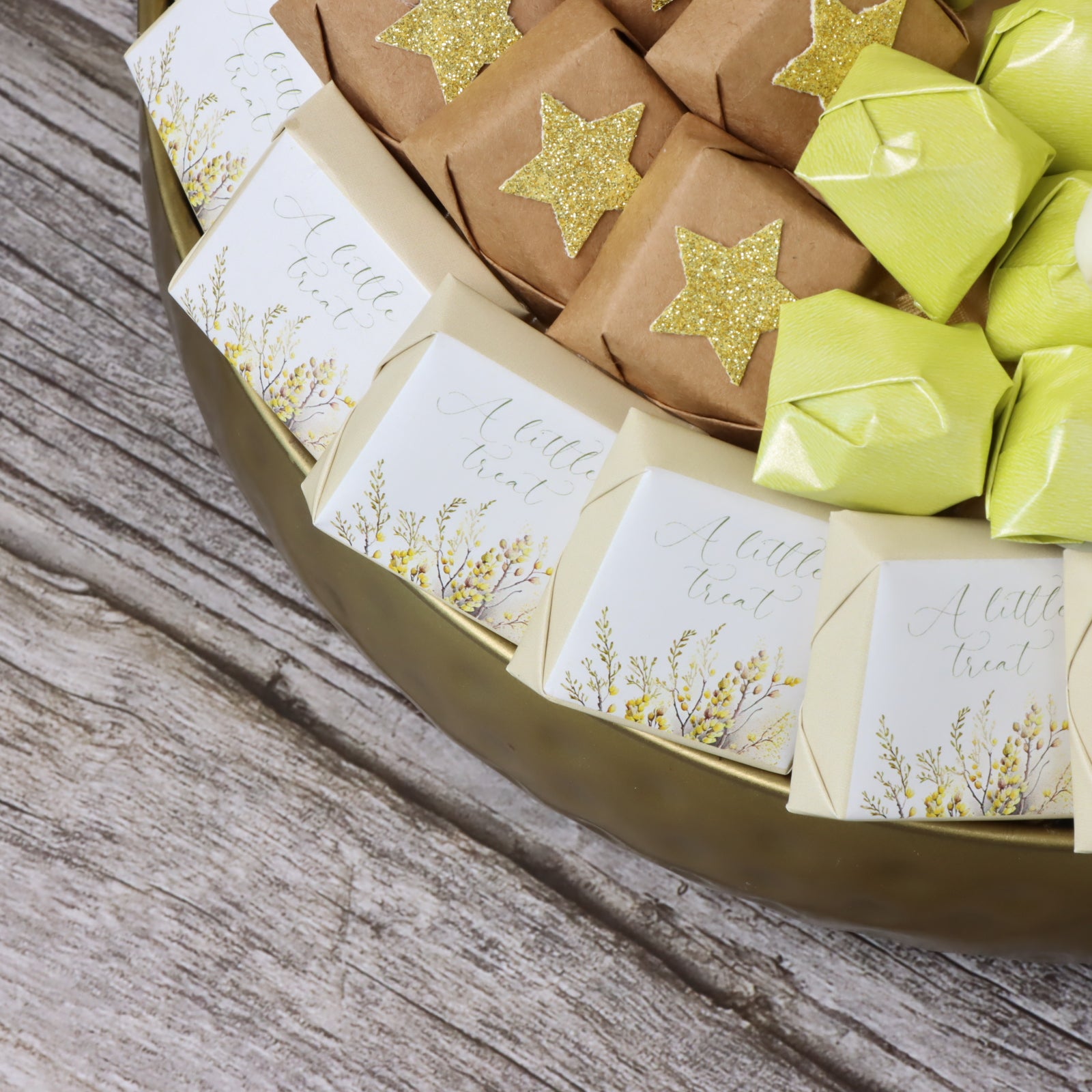A little treat designed chocolate metallic gold tray