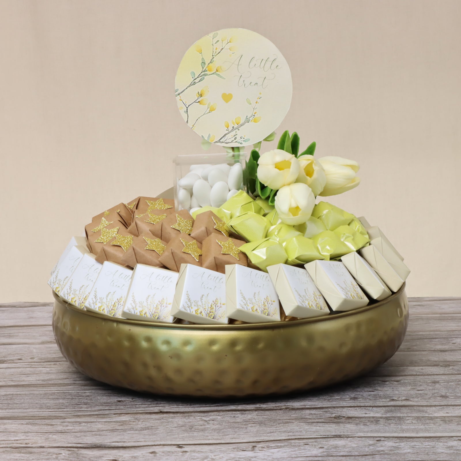 A little treat designed chocolate metallic gold tray
