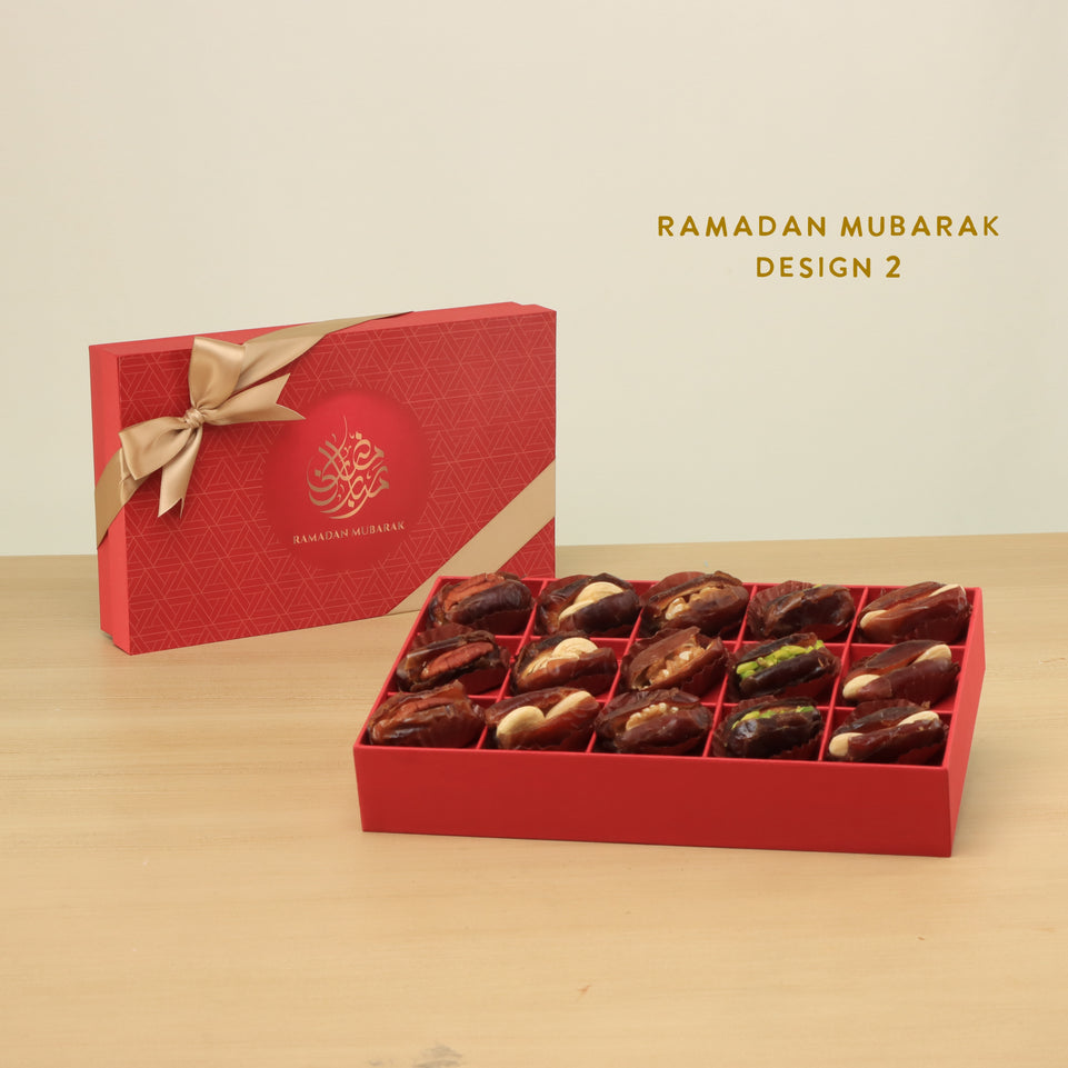 Ramadan Mubarak designed premium nut stuffed dates 15P red hard box