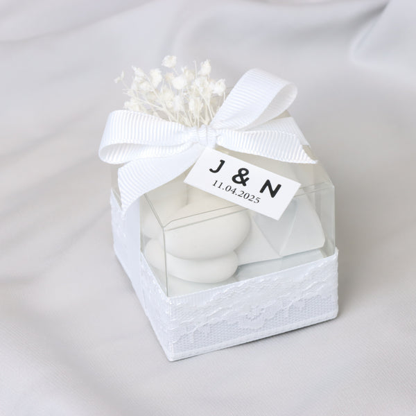 Set of 20 boxes bridal customized chocolate & almond dragees clear box giveaway