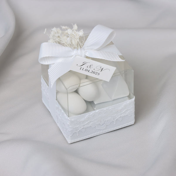 Set of 20 boxes bridal customized chocolate & almond dragees clear box giveaway