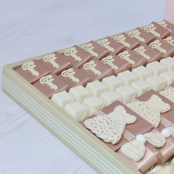 Baby girl crochet decorated chocolate leather tray with personalized acrylic backdrop
