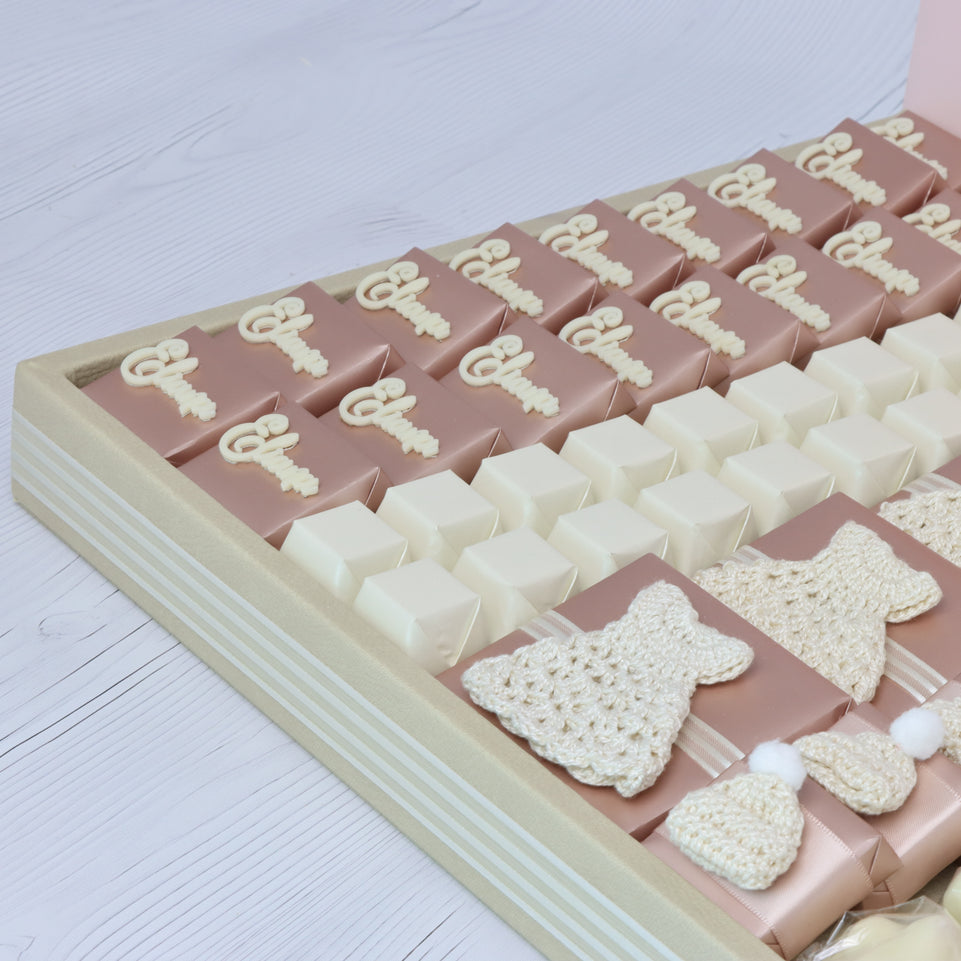 Baby girl crochet decorated chocolate leather tray with personalized acrylic backdrop