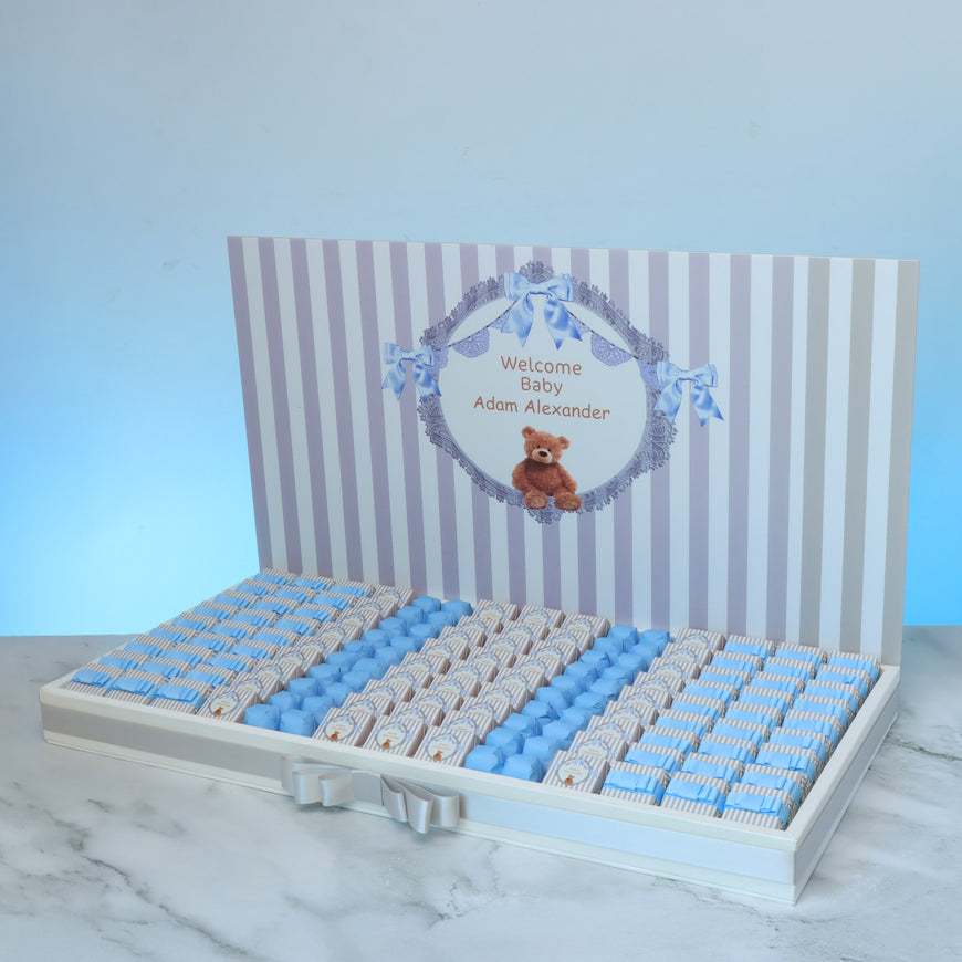 Baby boy teddy theme decorated chocolate leather tray with personalized acrylic backdrop